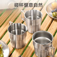 戶外304不銹鋼露營(yíng)水杯便攜式可折疊手柄戶外裝備旅行杯隨身杯*1